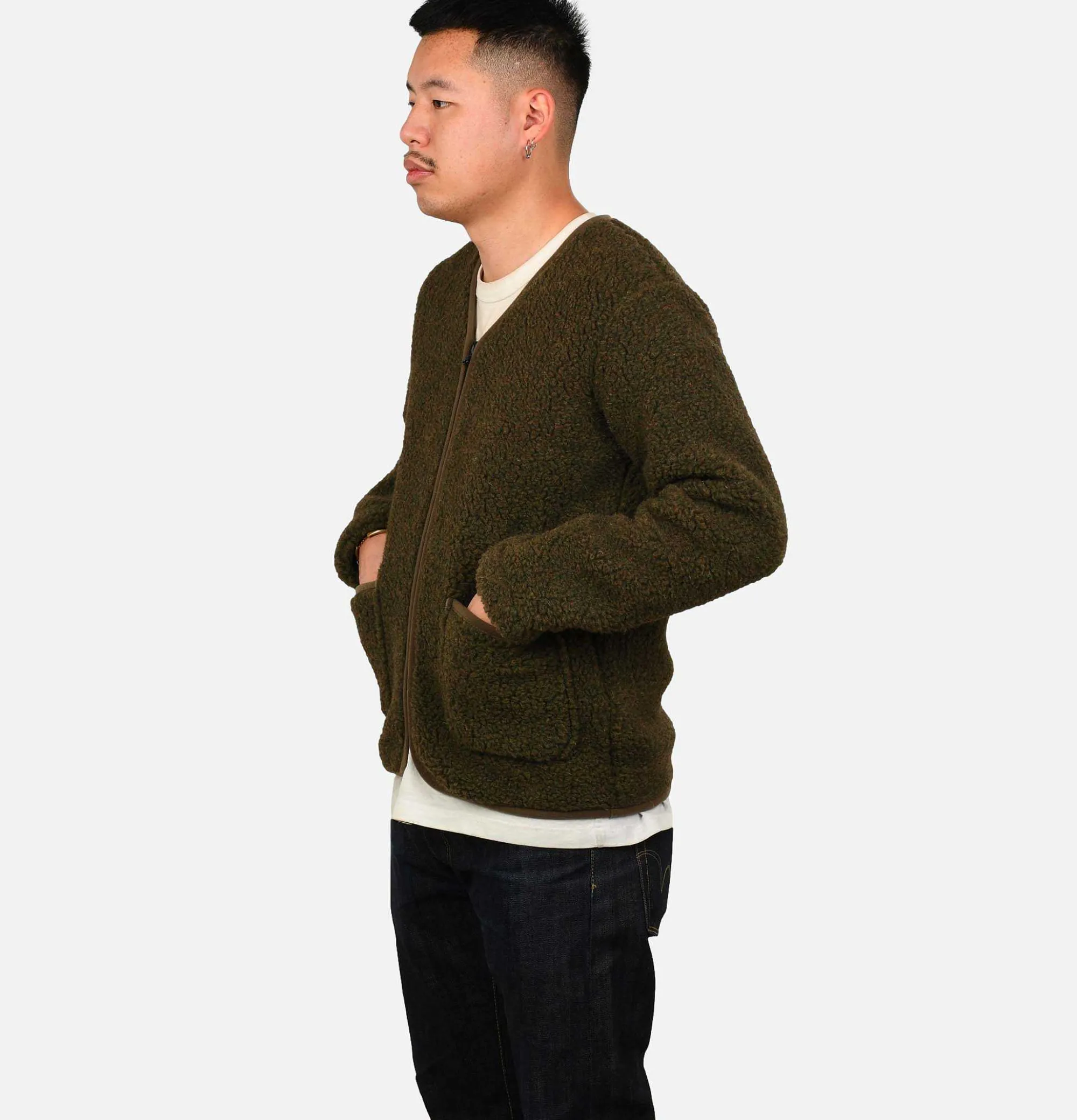 COLDBREAKER Zip Up Vee Cardigan Khaki